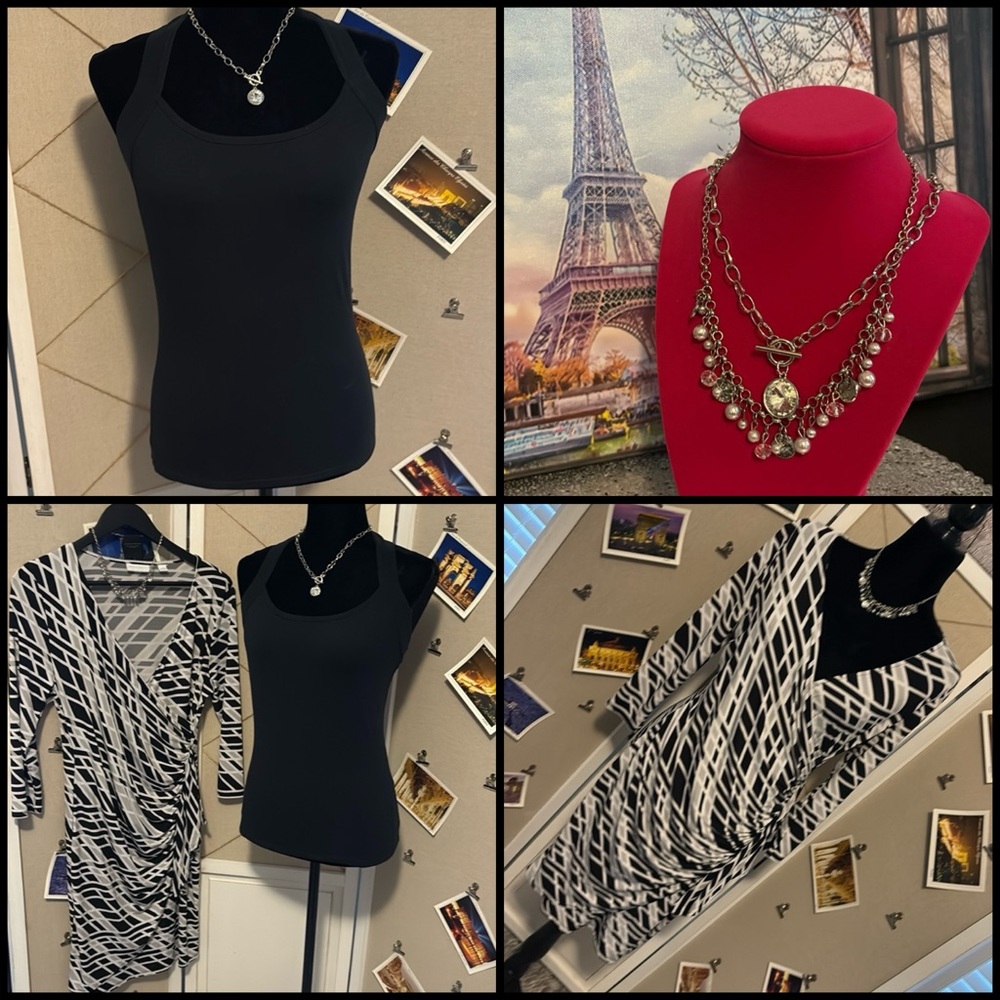 4 Piece Set: 2 NWT necklaces, NWOT NY & dress, Like New Venus Top